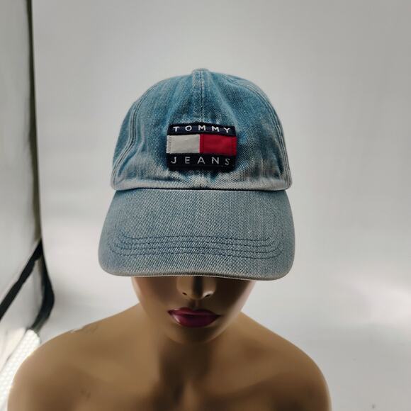 Vtg Tommy Hilfiger Jeans Adjustable Denim Baseball Flag Logo Cap Hat Leather Str - Picture 8 of 9